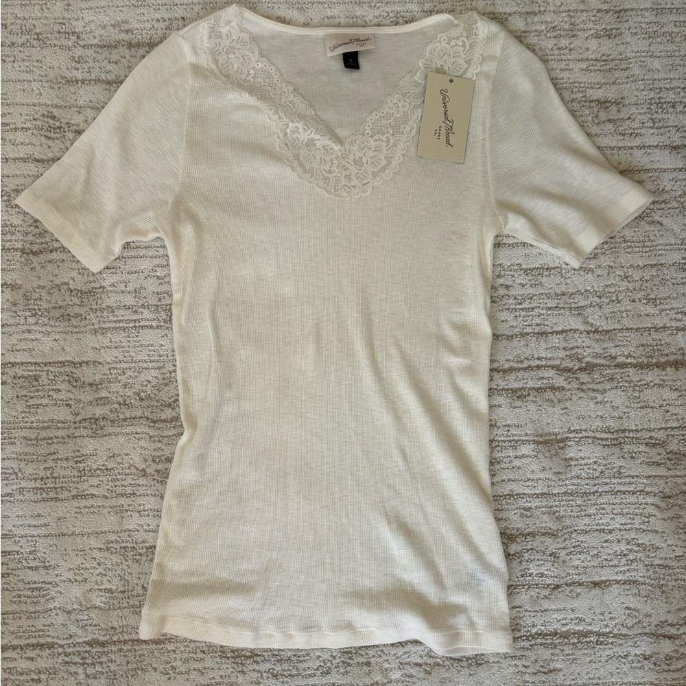 Cream Lace Trim V-Neck Top
